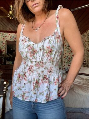 brave fame y2k floral smocked peplum cami top size large cottagecore coquette